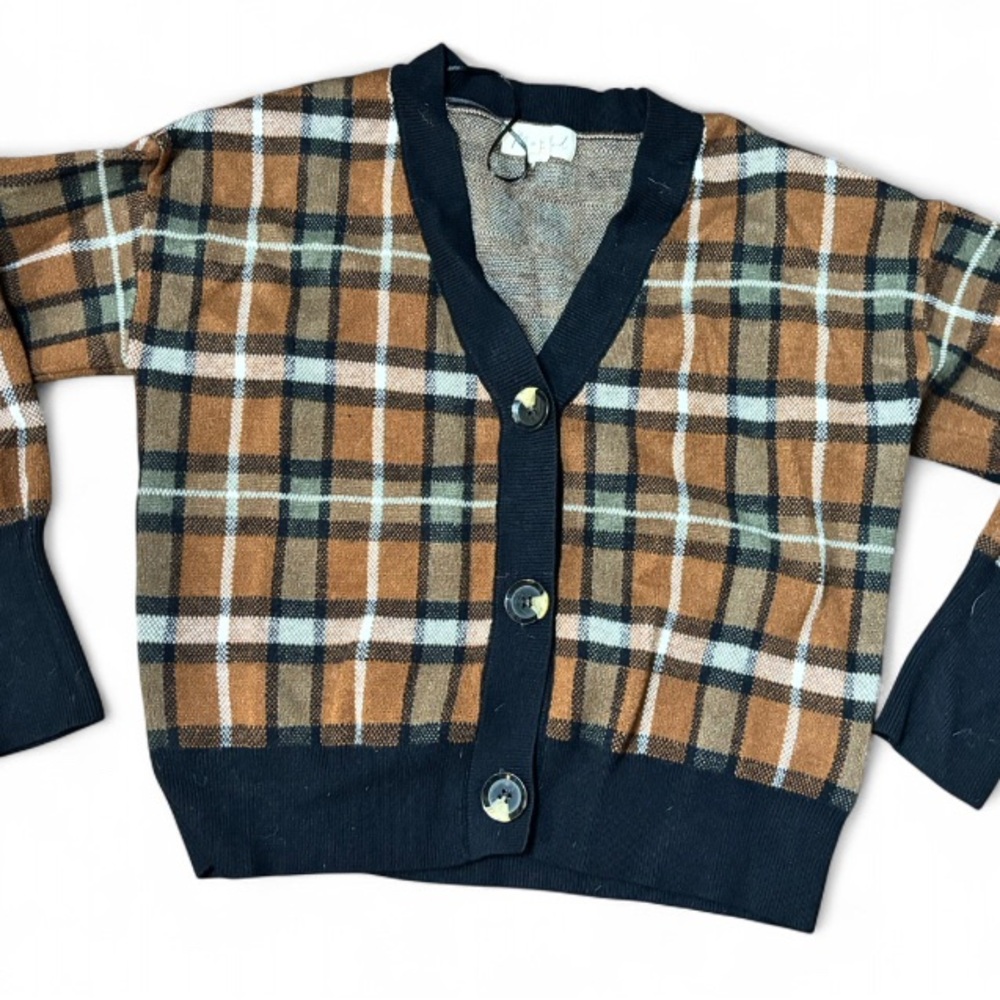 Black and brown plaid Marled button cardigan Sweater Sz Med